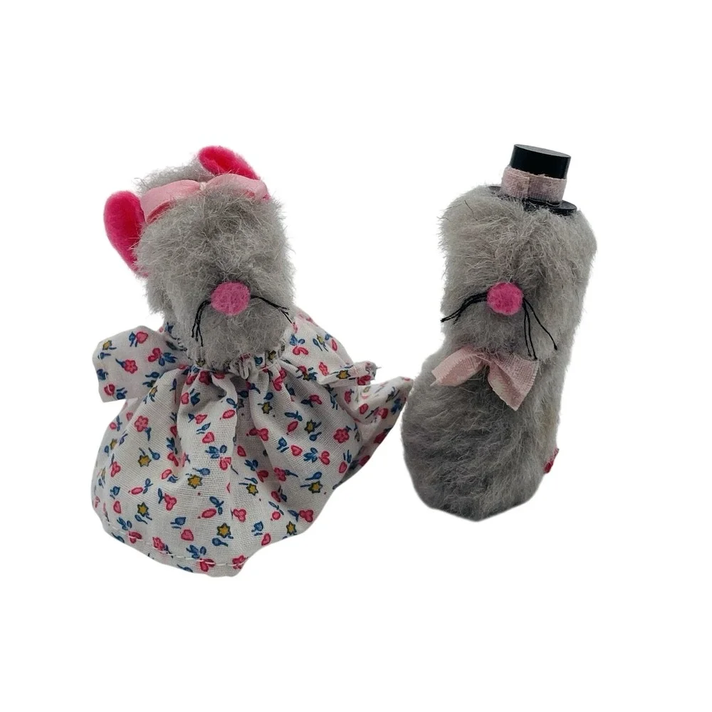 Vintage Handmade Fuzzy Grey Mouse Couple Plush Figurines Wedding Set 3.5‎ Inch